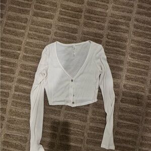 Alo Yoga Cropped Ribbed Button-Front Long Sleeve Top - White